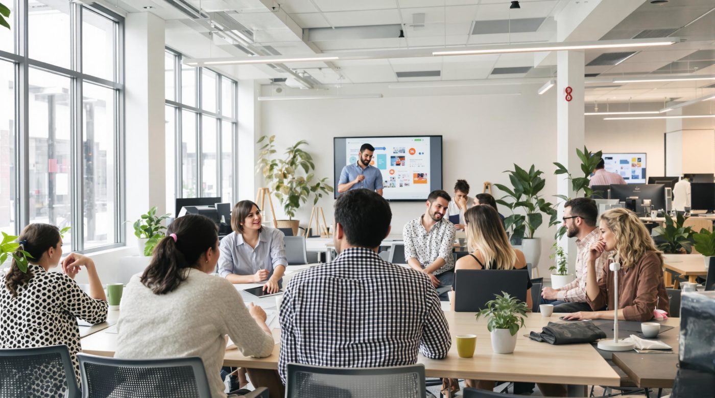 Réunion d'équipe dans un bureau moderne avec présentation sur écran