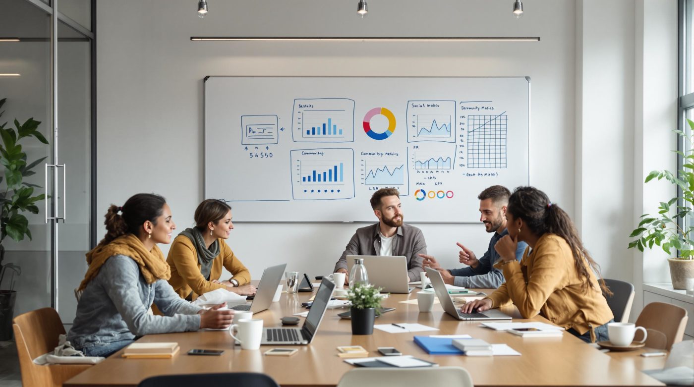 Réunion d'équipe autour d'une table avec un tableau blanc affichant des graphiques et des données