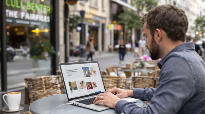 Homme travaillant sur un ordinateur portable dans un café en plein air