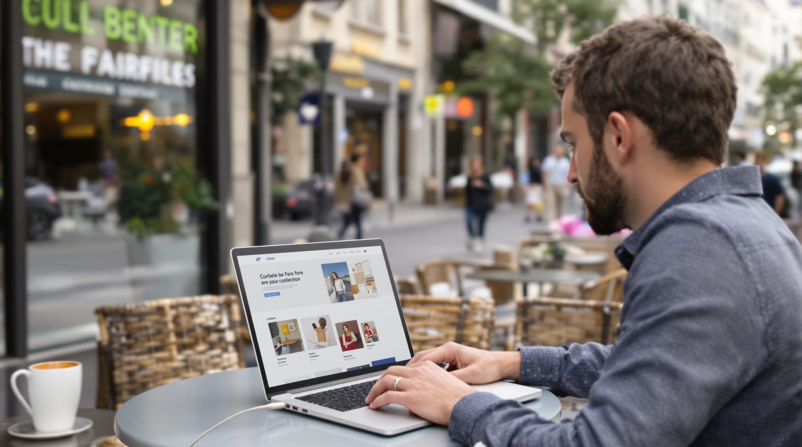 Homme travaillant sur un ordinateur portable dans un café en plein air