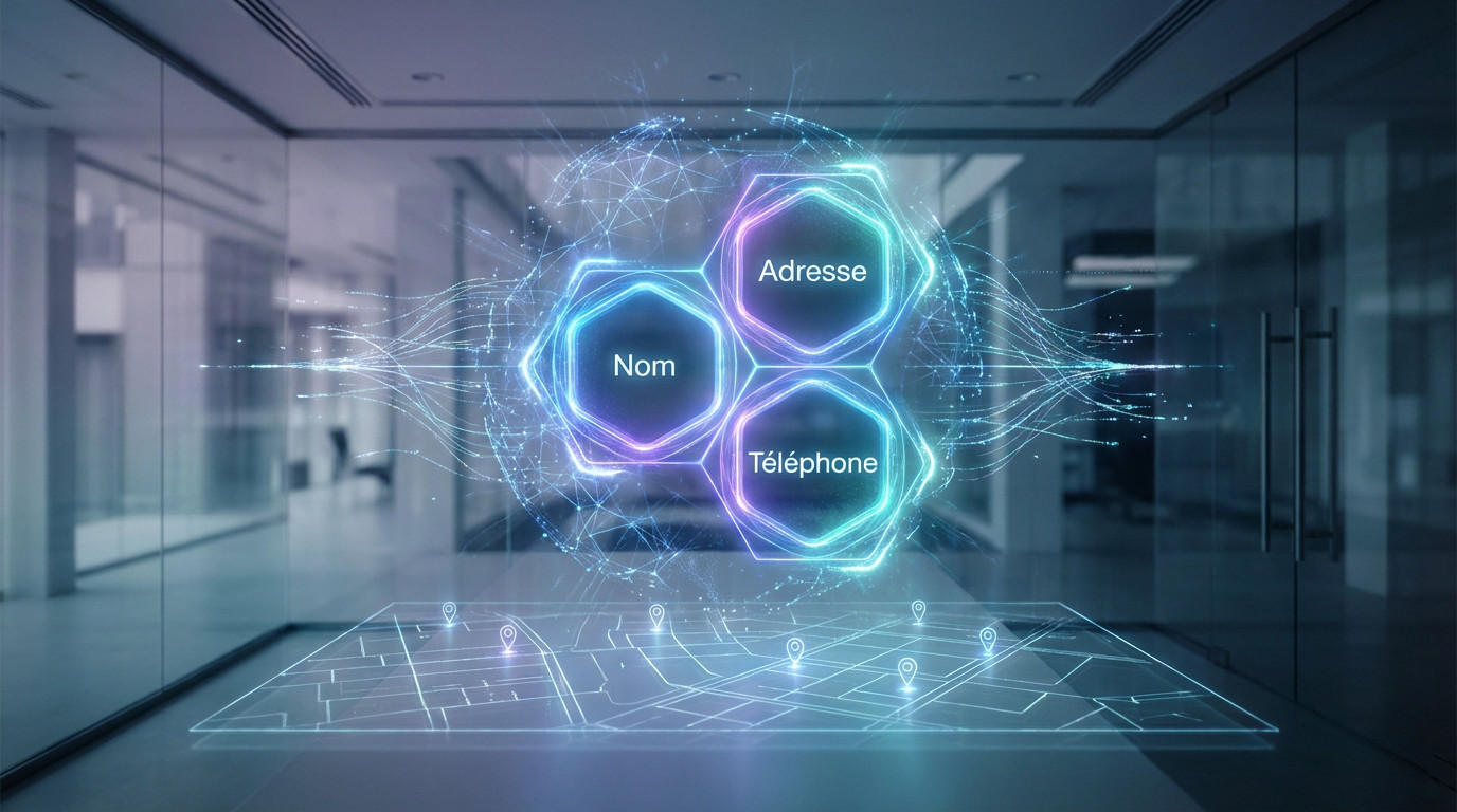 Trois blocs lumineux 'Nom', 'Adresse', 'Téléphone' s'interconnectent, entourés de réseaux neuronaux et d'une carte digitale urbaine. Contexte futuriste.