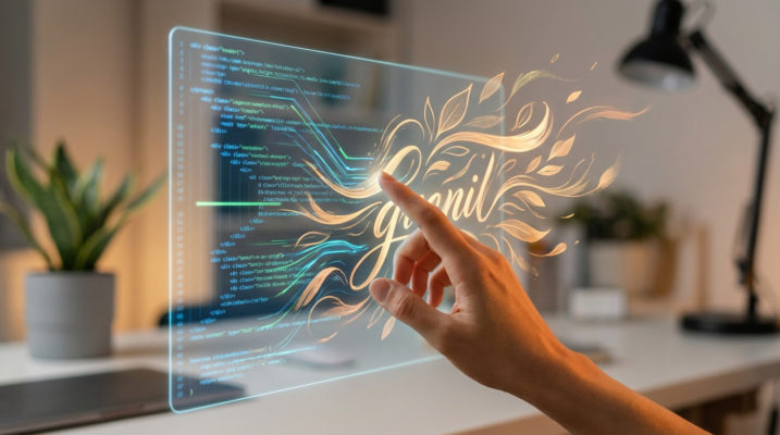 Hand touches holographic screen, transforming angular code into elegant, golden, organic text with leaf motifs in a modern workspace.