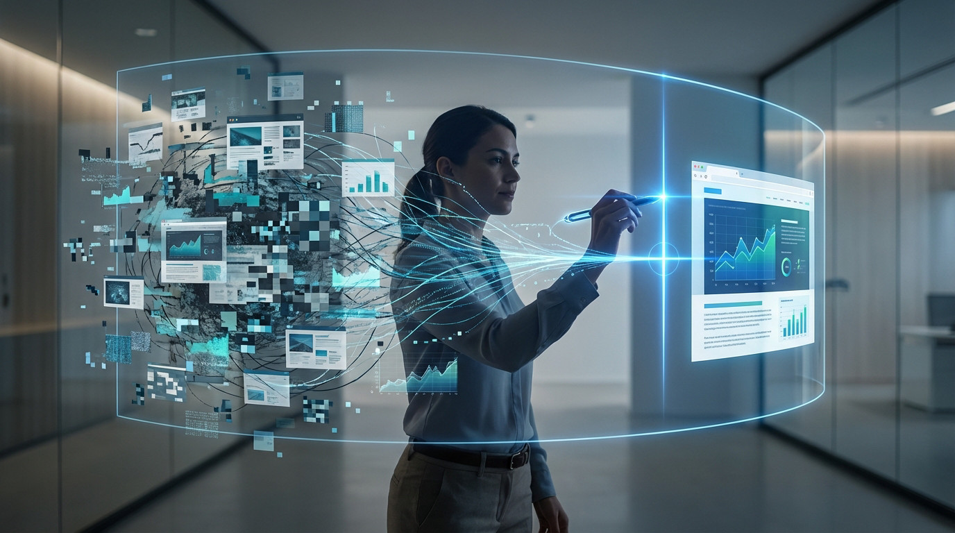 A woman uses a stylus on a transparent digital display, transforming chaotic data on the left into a precise, organized visualization on the right.