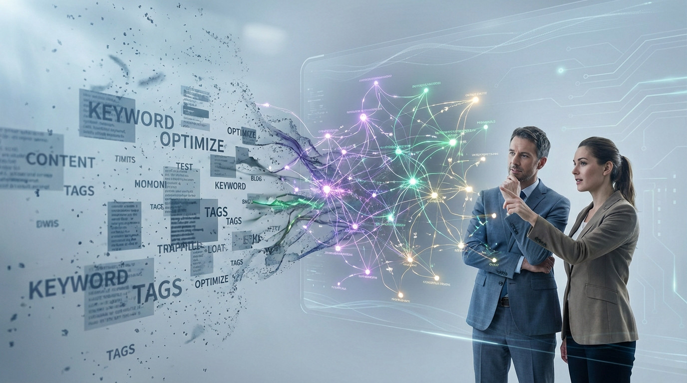 Two professionals observe SEO evolving from dissolving keywords into a vibrant, AI-powered entity network. Futuristic, intelligent scene.