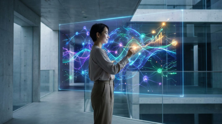 Person interacting with a large holographic display showing vibrant AI data visualizations, graphs, and nodes in a modern workspace.
