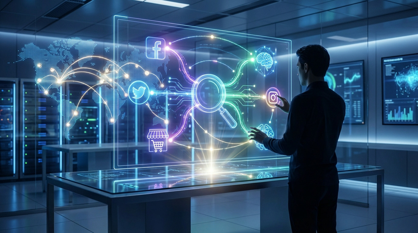 A person interacts with a futuristic holographic display showing interconnected global search channels, including social media, e-commerce, and AI.