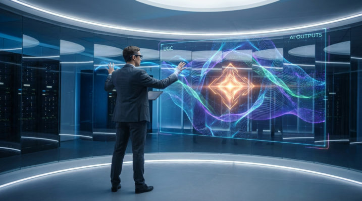 A business strategist interacts with a large holographic display showing swirling UGC and AI data shaping a glowing brand symbol in a futuristic control room.