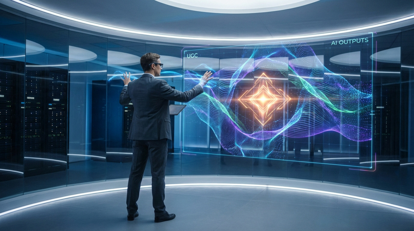 A business strategist interacts with a large holographic display showing swirling UGC and AI data shaping a glowing brand symbol in a futuristic control room.