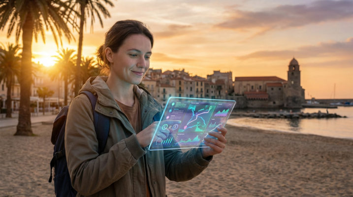 Young woman smiles, interacting with a glowing holographic travel itinerary tablet on a beach at sunset, European town and palm trees visible.