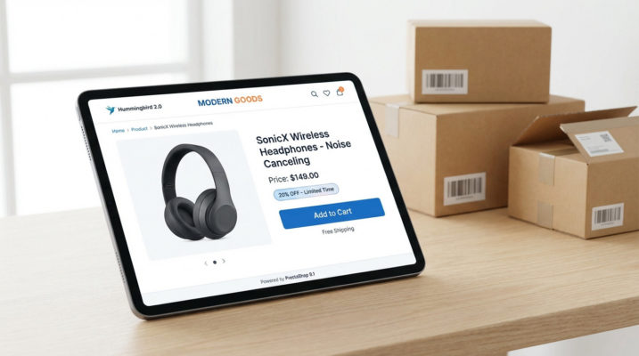 Sleek tablet displaying "Hummingbird 2.0" PrestaShop 9.1 e-commerce product page (headphones, 20% off). Blurred shipping boxes behind.