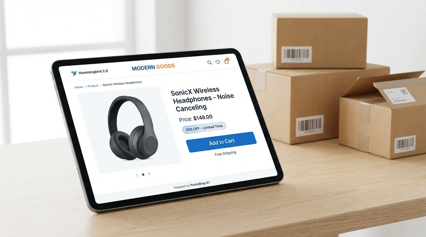Sleek tablet displaying "Hummingbird 2.0" PrestaShop 9.1 e-commerce product page (headphones, 20% off). Blurred shipping boxes behind.