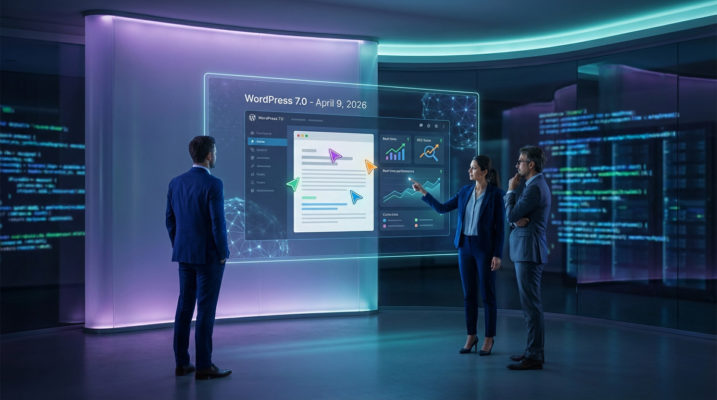 Trois professionnels présentent WordPress 7.0 sur un écran transparent futuriste affichant des données et graphiques pour sa sortie en 2026.