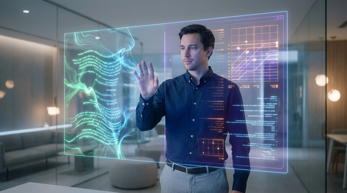 Un homme d'affaires interagit avec une interface holographique futuriste affichant des données complexes et des graphiques lumineux.