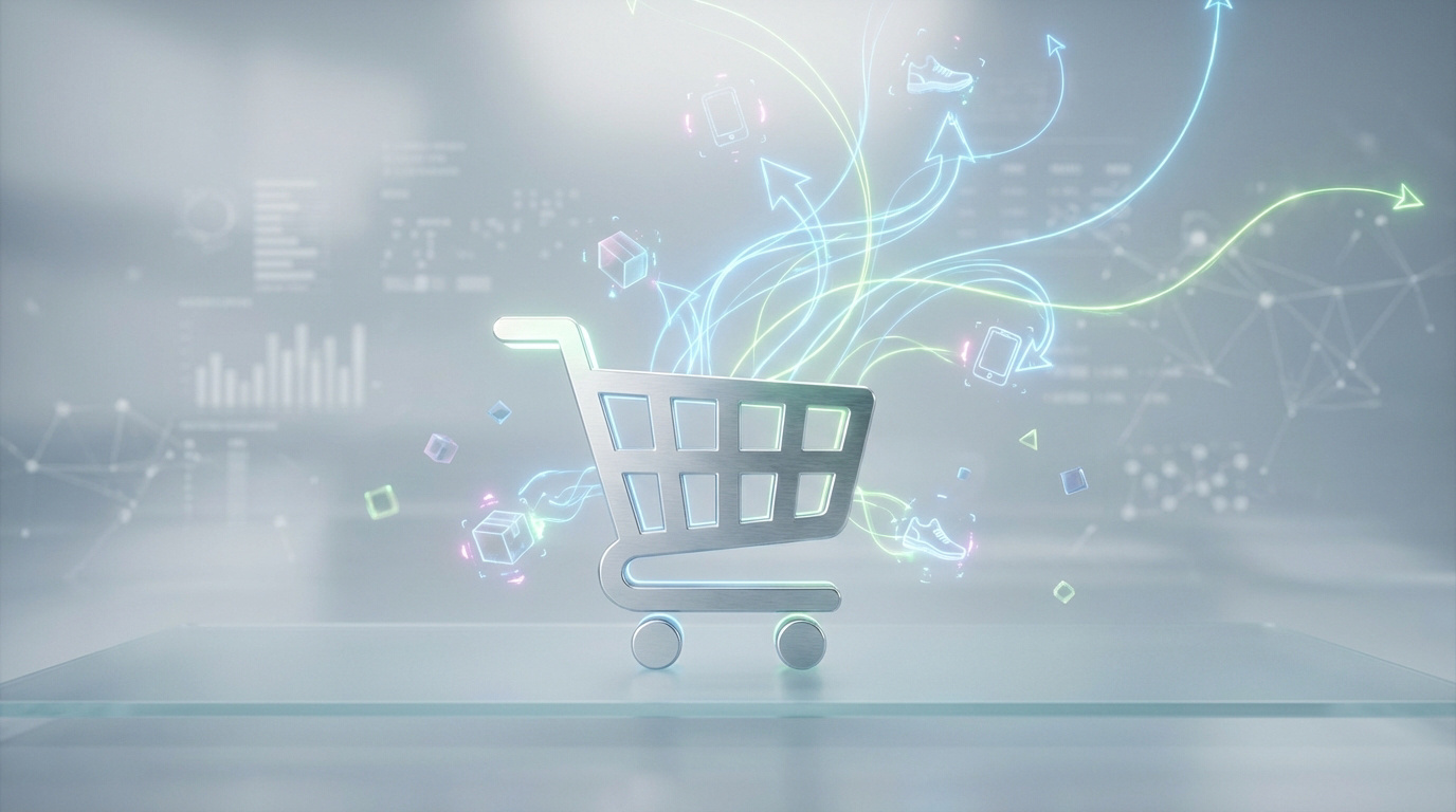 Icône de panier d'achat numérique brillant, avec des flux lumineux verts et bleus menant à des symboles d'e-commerce et des flèches de croissance sur fond de données.