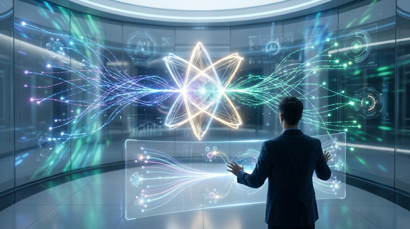 Homme interagit avec interface holographique futuriste montrant données lumineuses et un symbole atomique. Logos IA en arrière-plan.