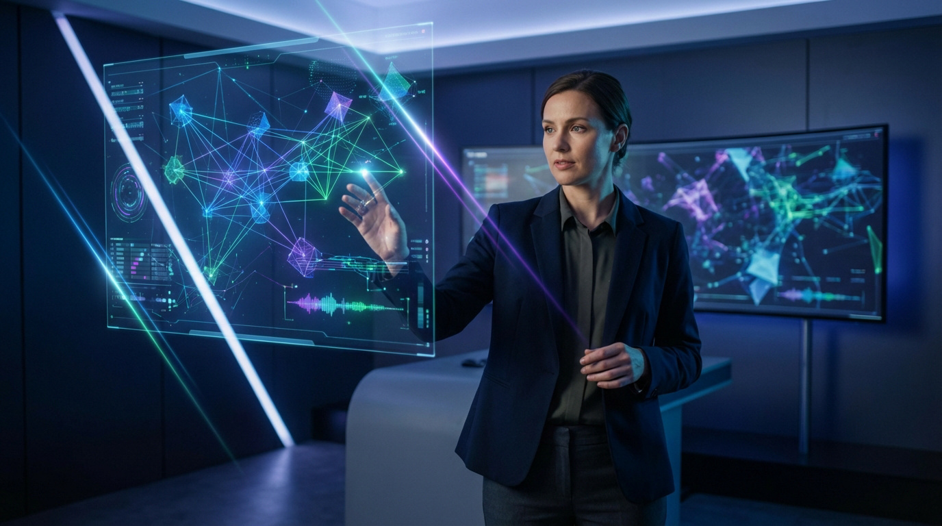 Une femme en costume interagit avec un grand écran holographique, visualisant un réseau de données complexes et des graphiques. Contexte futuriste de l'IA.
