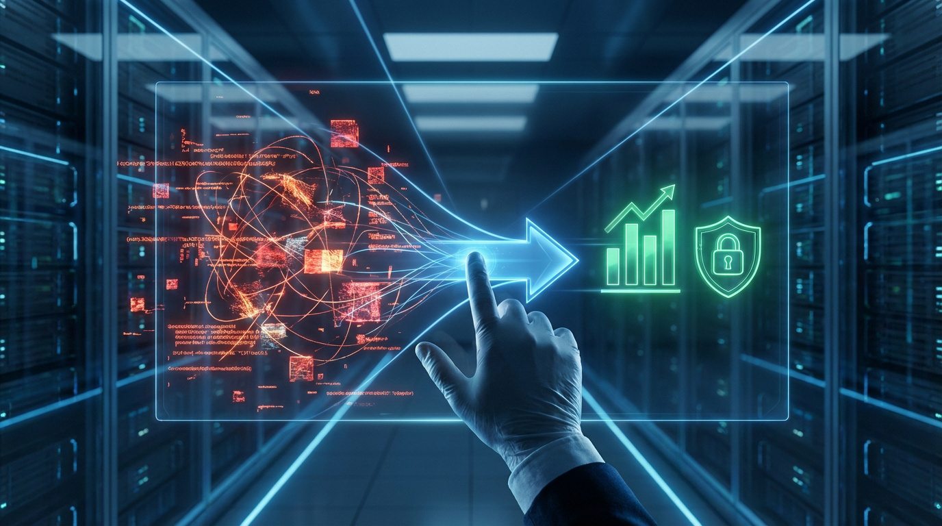 Main dirigeant des données numériques complexes vers la croissance et la sécurité SEO dans un data center.