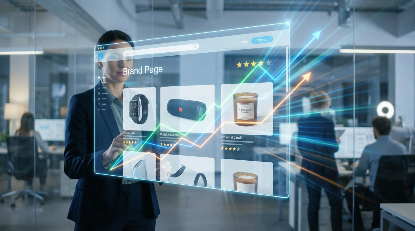 Femme d'affaires gère un écran e-commerce holographique, page de marque, produits, évaluations et flèches de croissance. Contexte de bureau moderne.