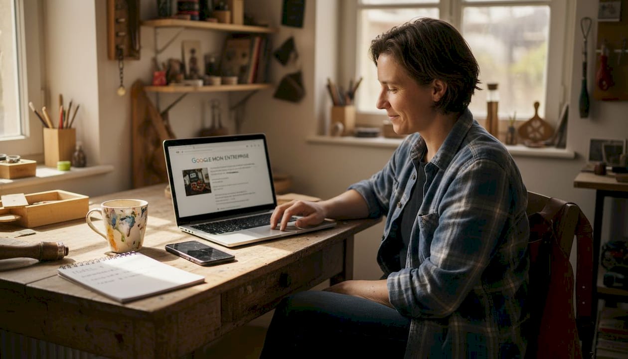 Un artisan qui travaille de chez lui, installé devant son ordinateur portable.