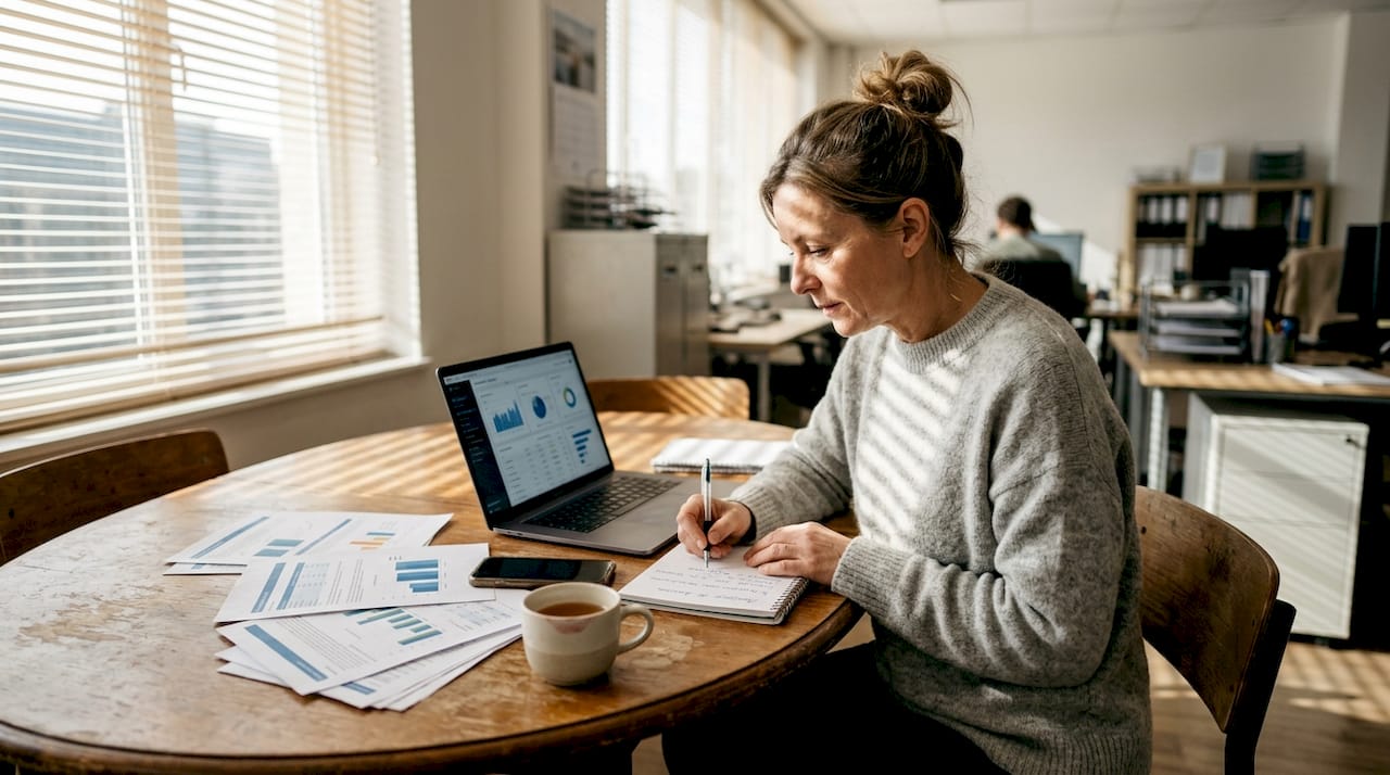 Dirigeant de PME concentré sur son travail, installé à son bureau baigné de lumière naturelle.