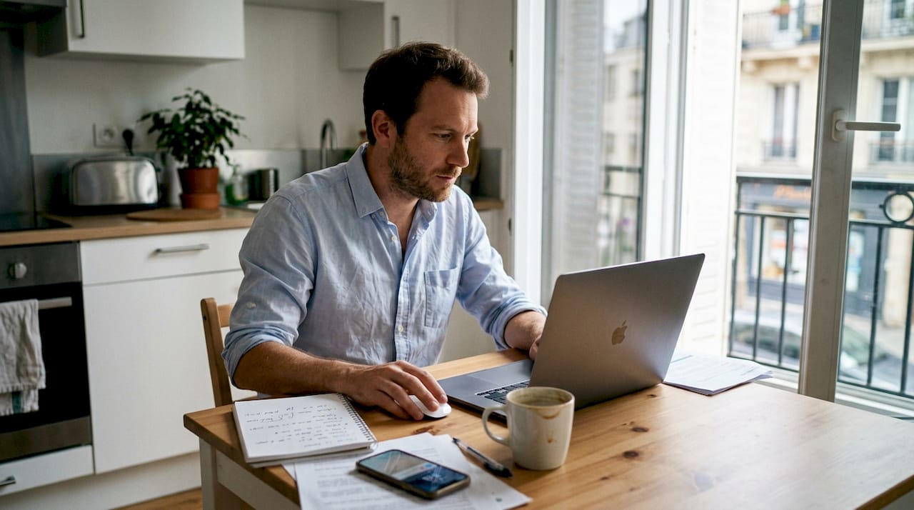 Entrepreneur en pleine mise à jour de son site internet, installé à la table de la cuisine.