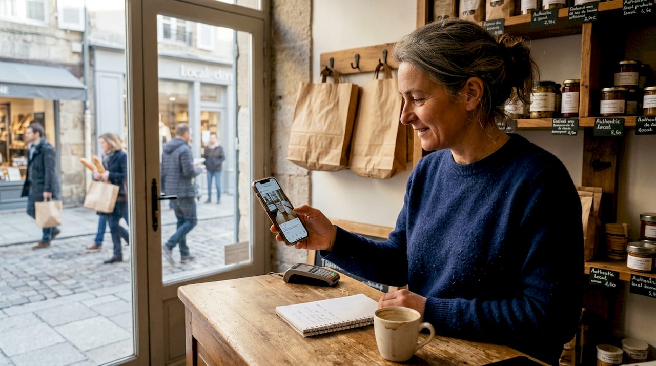 Une commerçante consulte son smartphone derrière le comptoir de sa boutique.