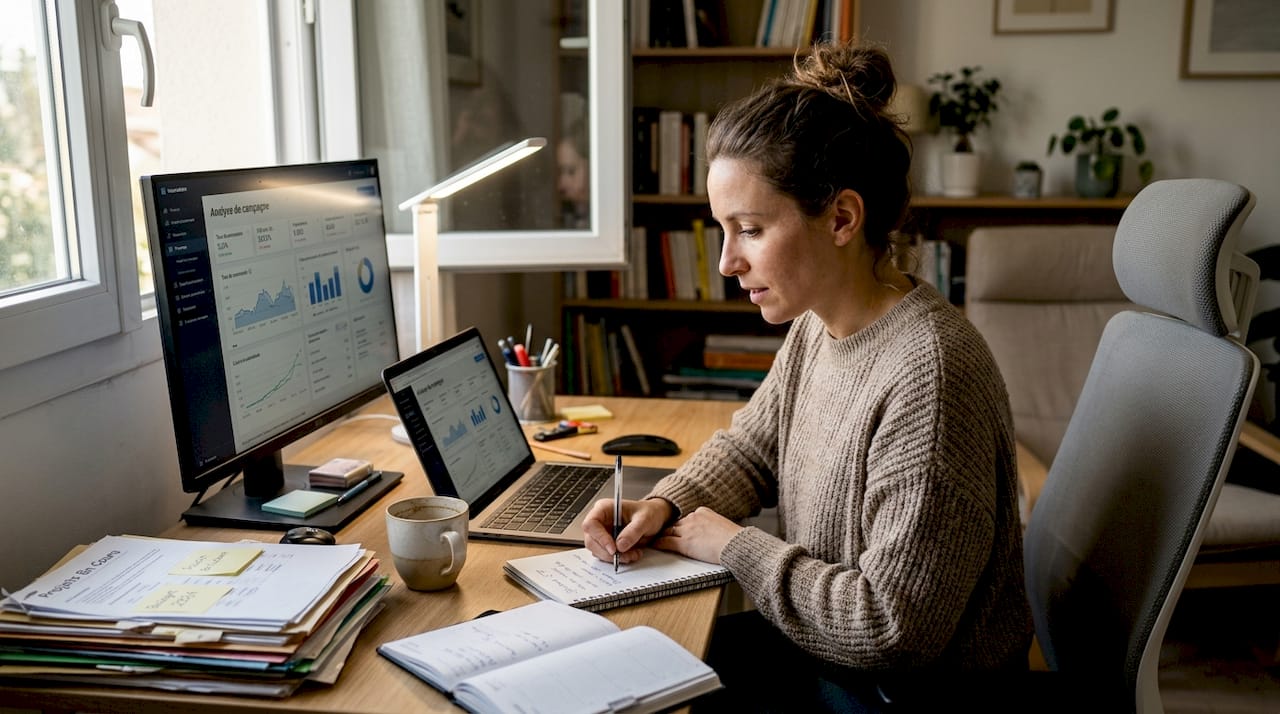 Une spécialiste analyse les performances marketing en ligne pour optimiser la stratégie digitale de son entreprise.