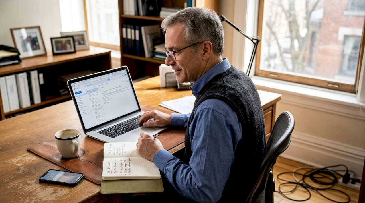 Un dirigeant explore les solutions digitales pour optimiser le travail au bureau.