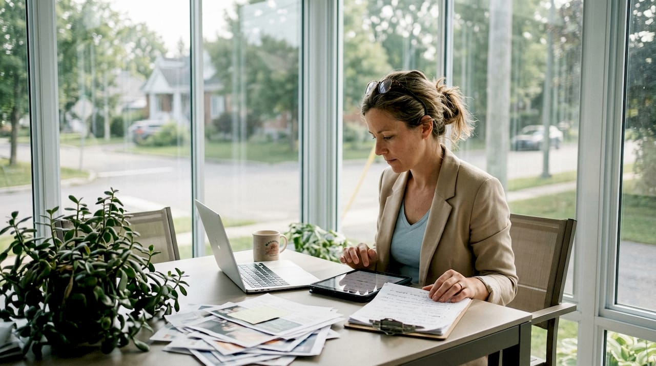 Entrepreneure travaillant depuis chez elle sur la stratégie de contenu de son entreprise