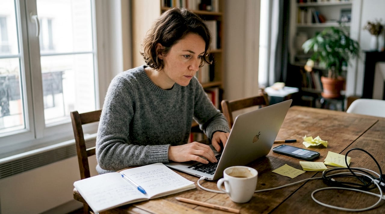 Un entrepreneur concentré sur son ordinateur portable, installé dans son bureau à la maison.