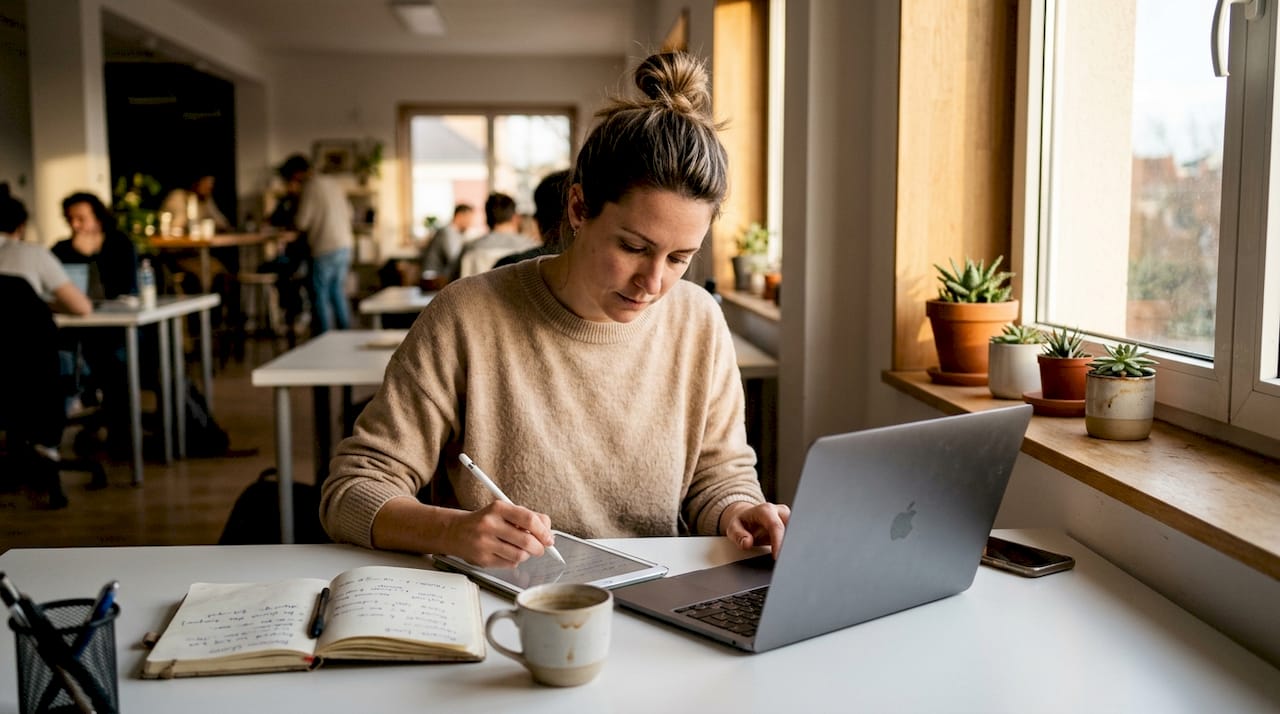 Jeune créatrice d’entreprise installée dans un espace de travail baigné de lumière naturelle.