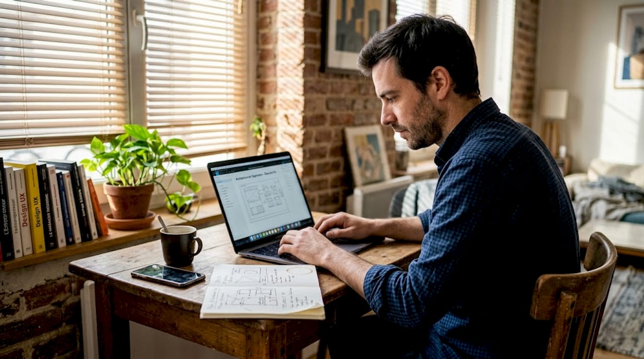 Installé à la table de sa cuisine, un entrepreneur esquisse les premières idées de son futur site web.