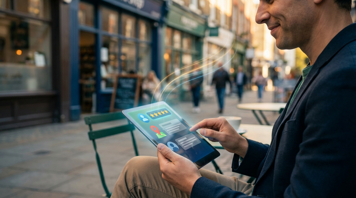 Un homme sourit en utilisant une tablette affichant des avis clients 5 étoiles, une carte et des profils, dans un environnement urbain.