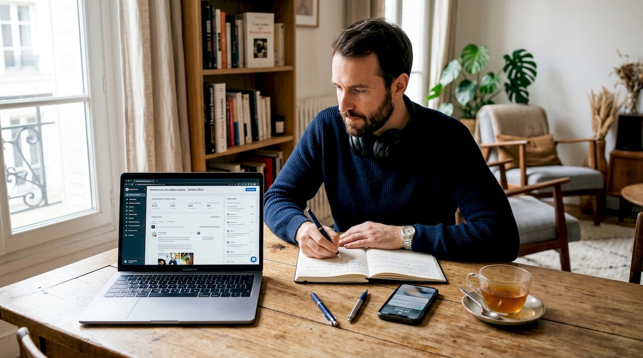 Depuis son salon, cet entrepreneur pilote la gestion de ses réseaux sociaux.
