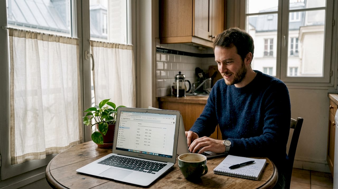 Le propriétaire met à jour sa fiche Google My Business depuis la cuisine.
