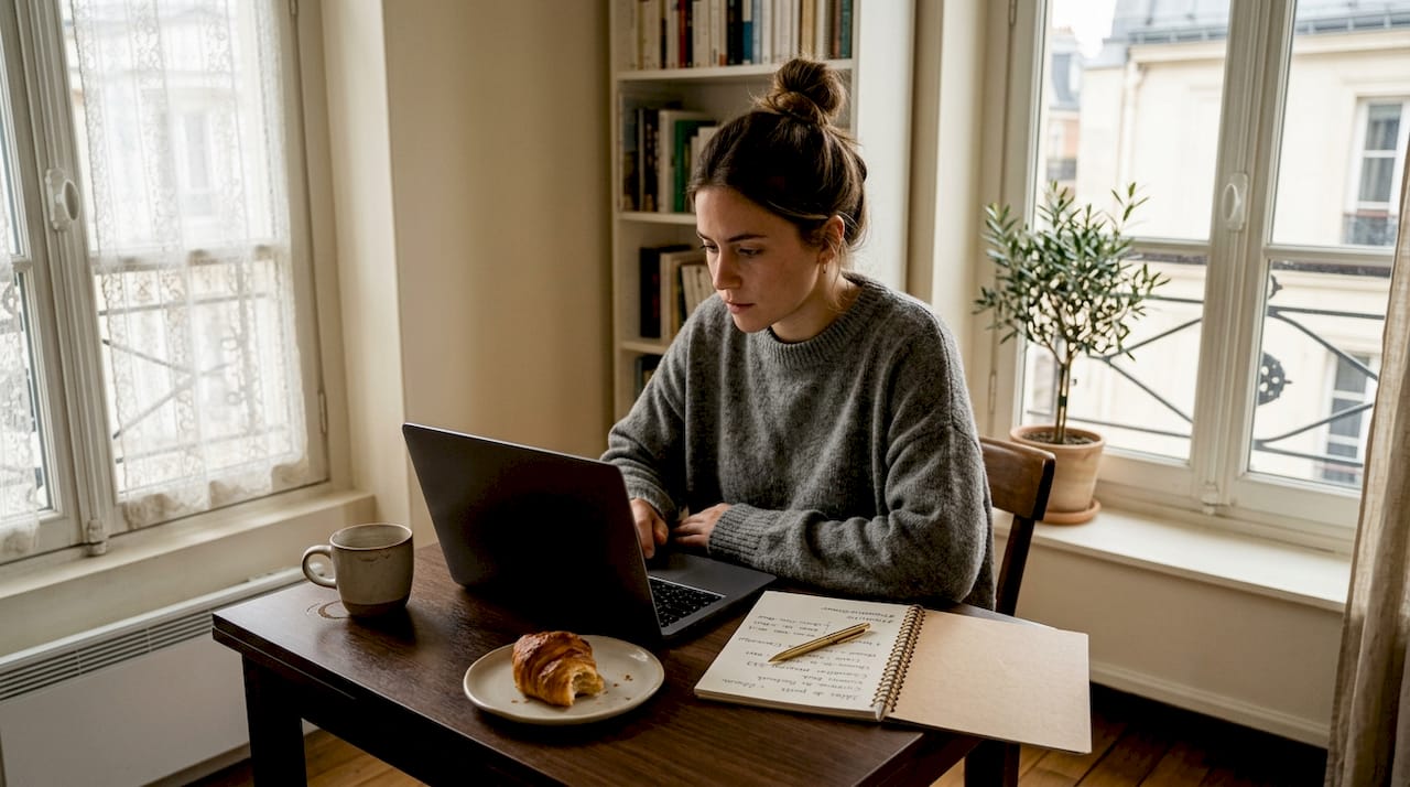 Assise à sa table, une femme organise la gestion de ses réseaux sociaux tout en profitant de son repas.