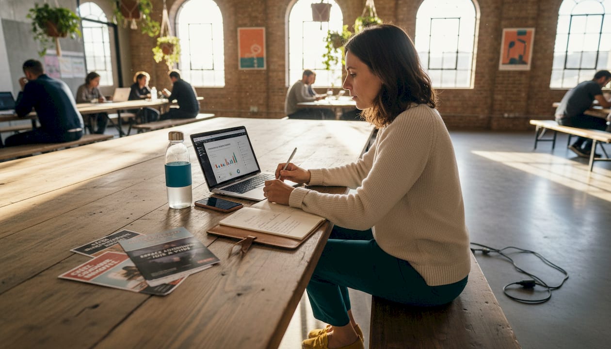 Une femme élabore sa stratégie de marketing digital dans son espace de travail.