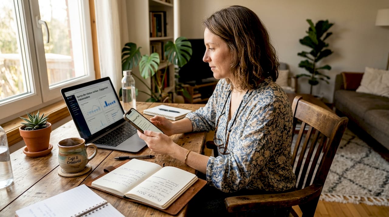Un manager passe en revue et compare les dernières tendances sur les réseaux sociaux, installé à son bureau.