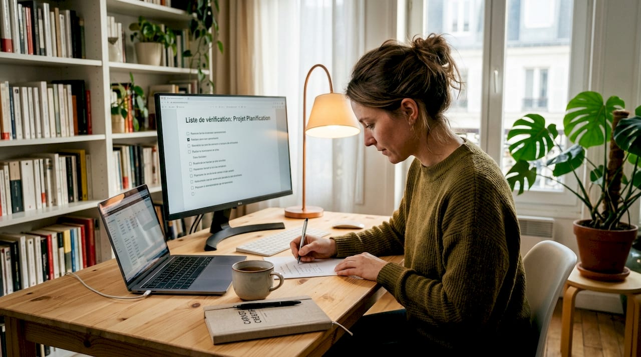 Un entrepreneur dirigeant une petite entreprise réfléchit à la création de son site web, installé à son bureau, carnet et ordinateur à portée de main.