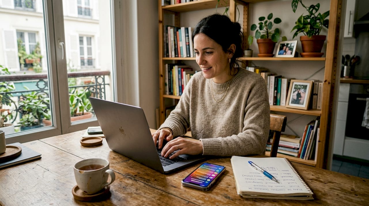 Un entrepreneur prépare ses publications pour les réseaux sociaux, installé à la table de sa cuisine.