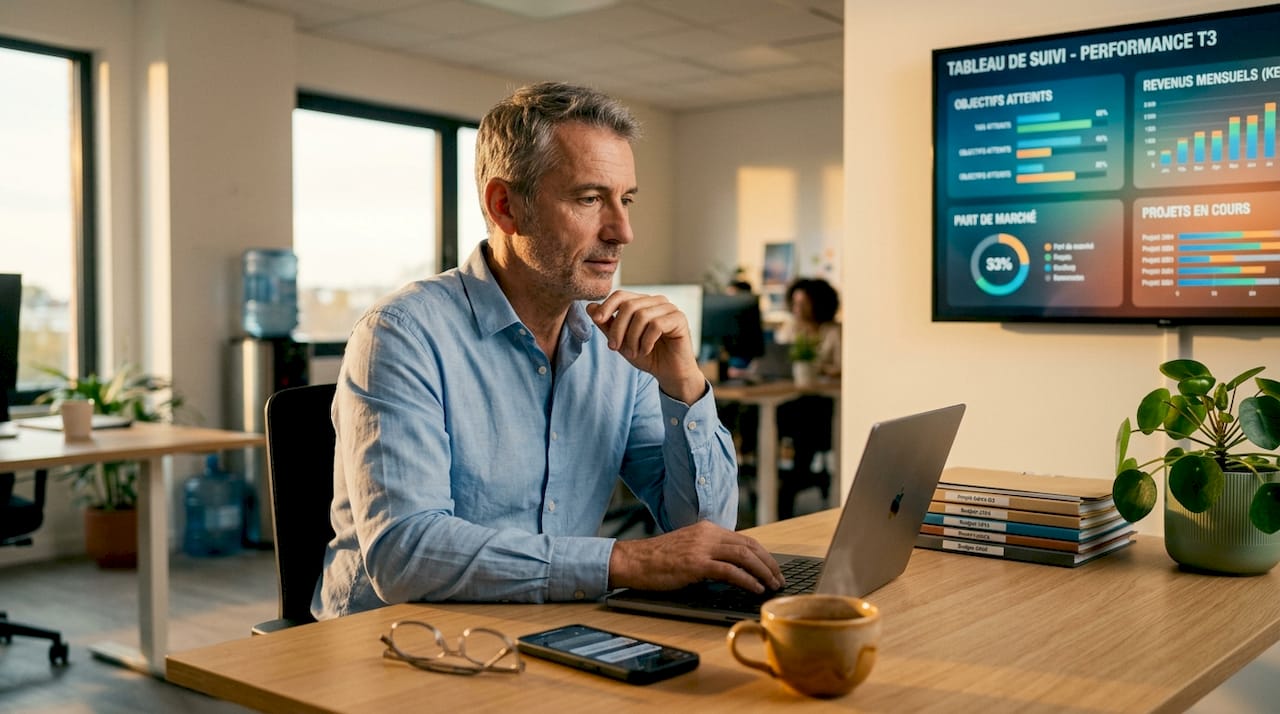 Un chef d’entreprise de PME qui optimise son quotidien grâce aux outils numériques au bureau.