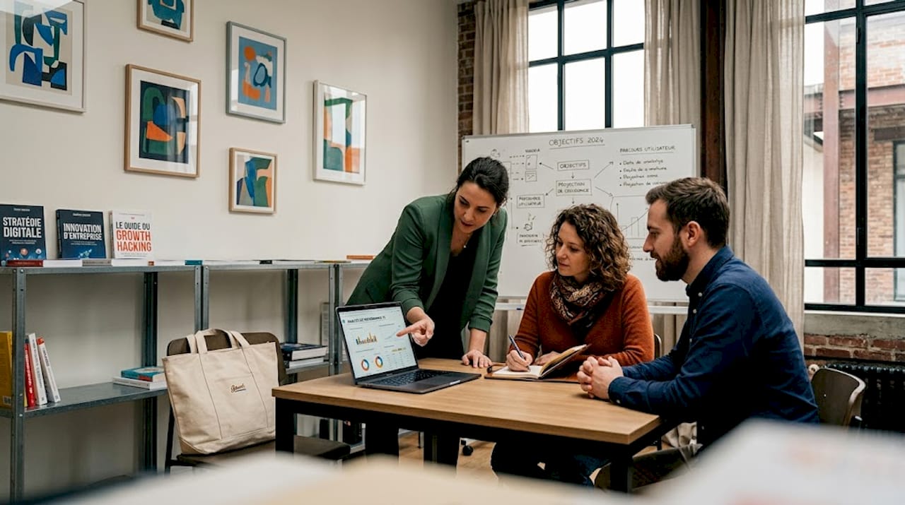 Une petite équipe dynamique échange des idées autour d’un ordinateur portable, travaillant ensemble sur un projet.