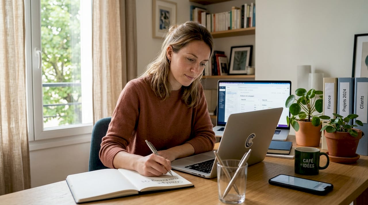 Une experte améliore la visibilité d'une fiche Google sur son ordinateur portable.