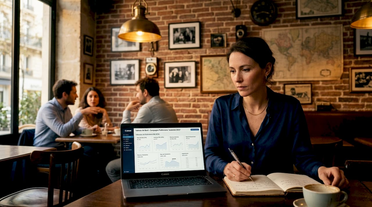 Une entrepreneure développe sa stratégie de ciblage digital depuis son bureau.