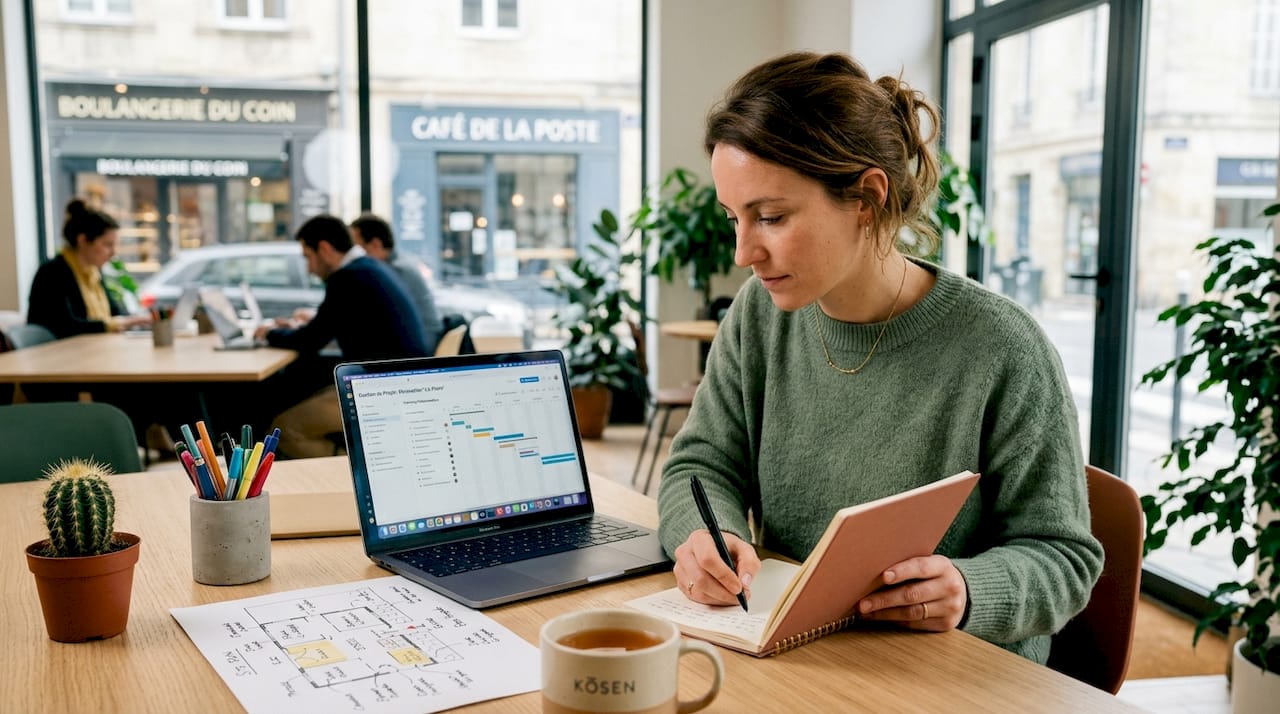 Une femme travaille sur la conception de son site web, installée à son bureau à la maison, concentrée sur l’organisation de son projet.