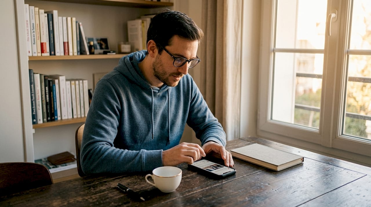 Rédacteur en pleine création d’un post pour les réseaux sociaux, installé confortablement chez lui.
