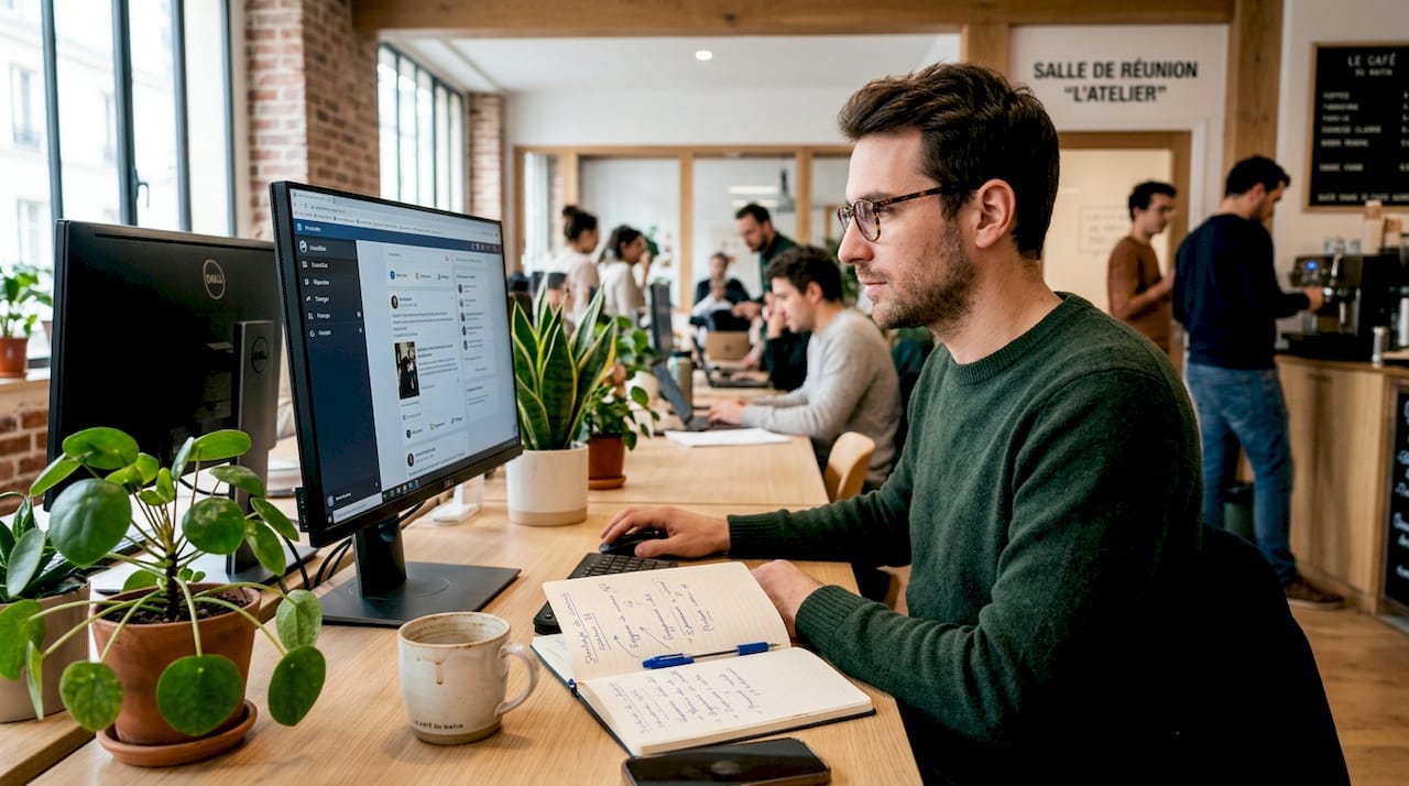 Community manager en télétravail, installé à son bureau à la maison