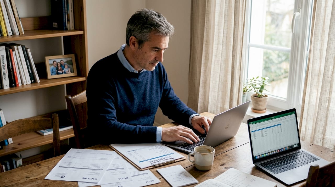 Un entrepreneur en pleine réflexion, installé à son bureau à domicile, travaille sur son ordinateur portable.