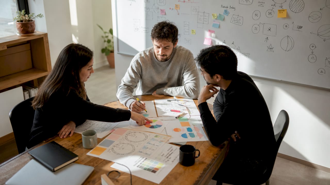 Échange autour de la stratégie de marque en mode collaboratif, réunis autour de la table.