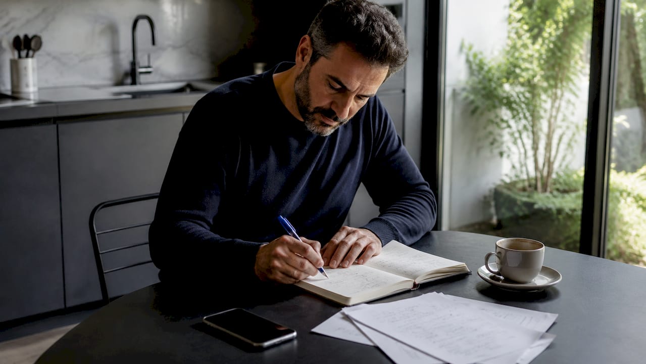 Un entrepreneur analyse les tendances du marché depuis son bureau à domicile grâce à des outils de veille digitale.